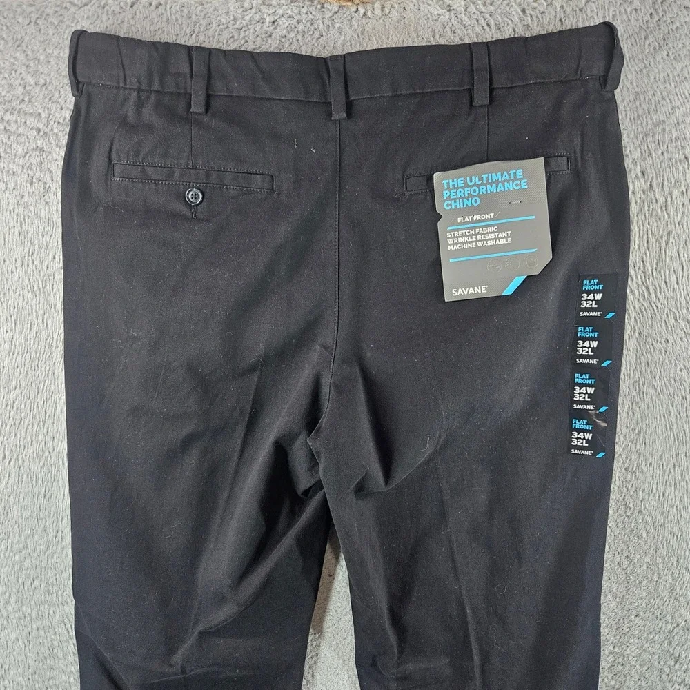 Savane Ultimate Performance Chino Mens 34x32 Black Flat Front Stretch Pants‎ NEW